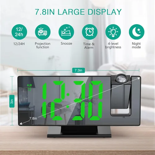Vista 2 de ORIA Reloj despertador de proyección, reloj despertador electrónico LED, reloj despertador de escritorio con espejo de 7.8 pulgadas con temperatura