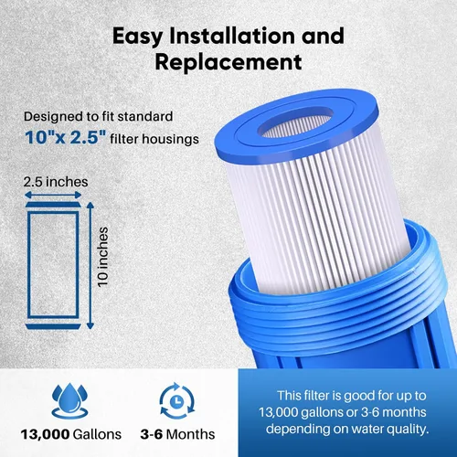 Vista 8 de PUREPLUS Filtro de sedimento plisado para toda la casa de 5 micras de 10 x 2.5 pulgadas para agua de pozo, cartucho de repuesto para sistema