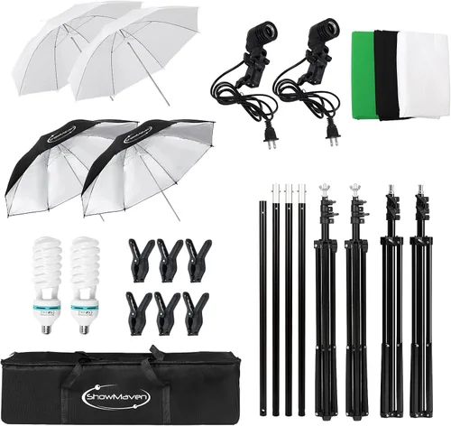 Vista 5 de ShowMaven Iluminación fotográfica, soporte de fondo de 6.5 pies x 10 pies y sombrillas kit de iluminación continua para estudio fotográfico