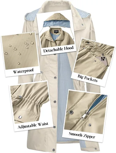 Vista 3 de Gabardina de lluvia para mujer, impermeable, con capucha, ligera, larga, con forro a rayas, chubasquero para lluvia