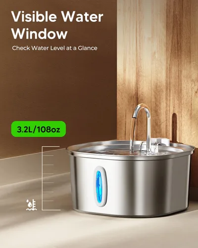 Vista 4 de PEKTACO Fuente de Agua para Gatos de Acero Inoxidable, Dispensador de Agua para Gatos de 3.2L/108oz con Bomba de Agua Ultra Silenciosa y Ventana