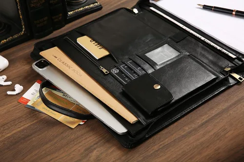 Vista 8 de Organizador de cuero genuino, maletín profesional de cuero de negocios con correa, 14 × 10.5 pulgadas personalizado Padfolio de cuero con asa, negro