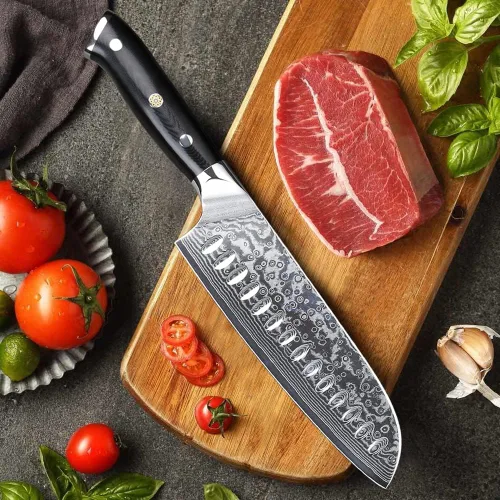 Vista 4 de TURWHO Cuchillo Santoku Profesional 7 pulgadas - Cuchillo de chef japonés clásico, patrón de damasco, acero VG-10