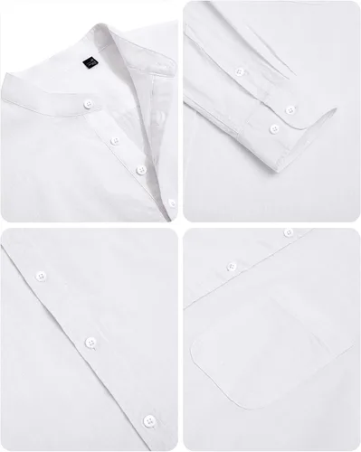 Vista 5 de Alimens & Gentle Camisas de algodón y lino para hombre, camisa de manga larga con botones, cuello de banda, camisas de playa