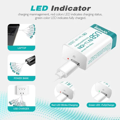 Vista 2 de Batería recargable de litio USB de 9 V de 860 mAh con cable de carga 4 en 1, baterías de 9 voltios 6f22 para detectores de humo (paquete de 8)