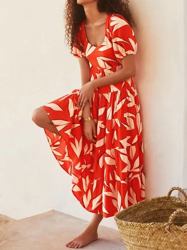 Vista 4 de PRETTYGARDEN Vestidos de verano para mujer, manga abombada, floral, casual, vestidos de verano fruncidos, sin espalda, para playa, vestido largo
