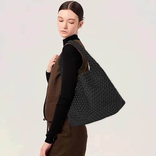 Vista 2 de JINMANXUE Bolso tejido para mujer, bolso de hombro de neopreno con asa superior, bolso Hobo, bolso de viaje, bolso de muñeca para el trabajo