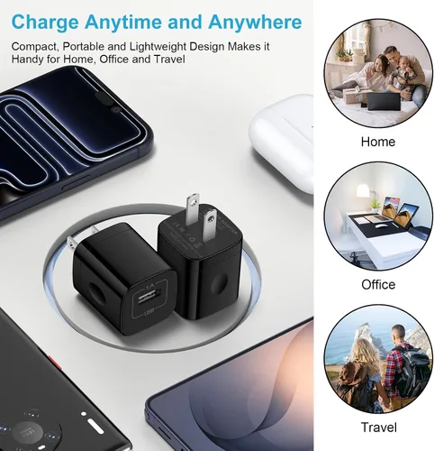 Vista 6 de Wall Charger Box,10Pack 1A/5V Single Port USB Plug Black Charging Block