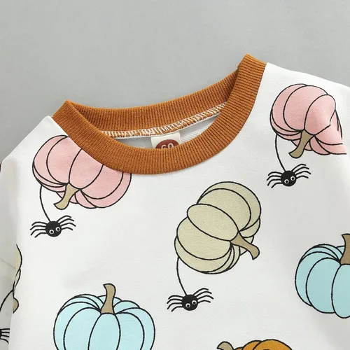 Vista 4 de Traje de Halloween para bebé y niña, camiseta y pantalones divertidos de fantasma, manga larga, cuello redondo, ropa linda