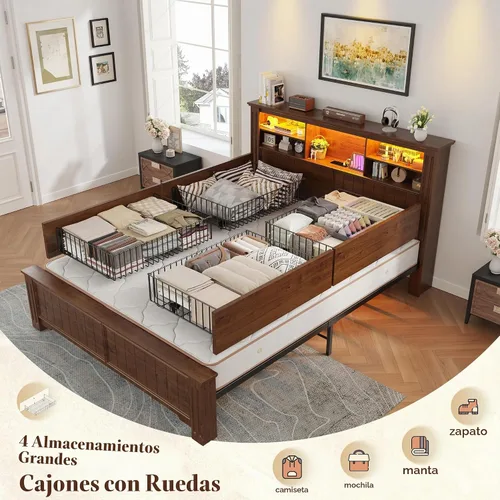 Vista 5 de EnHomee - Marco de cama de tamaño matrimonial con cajones y estante de almacenamiento de cabecero, color marrón