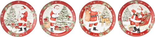 Vista 3 de Holiday Wishes - Juego de 4 platos de cerámica vintage de Papá Noel con Peace Love Joy Hope, vajilla festiva para comidas familiares