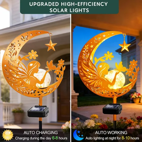 Vista 8 de Luces solares para exterior, decorativas, con forma de ángel lunar, luces solares con poste, luces de camino, regalos de cumpleaños para mujeres