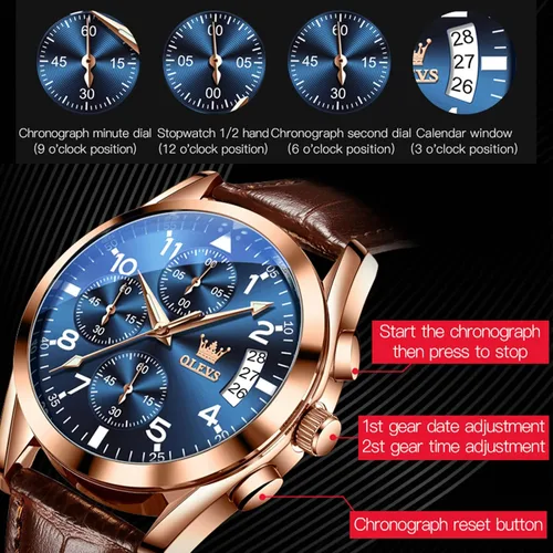 Vista 5 de OLEVS Reloj cronógrafo de cuarzo para hombre correa de cuero dorada con fecha de día reloj de pulsera de acero inoxidable impermeable relojes