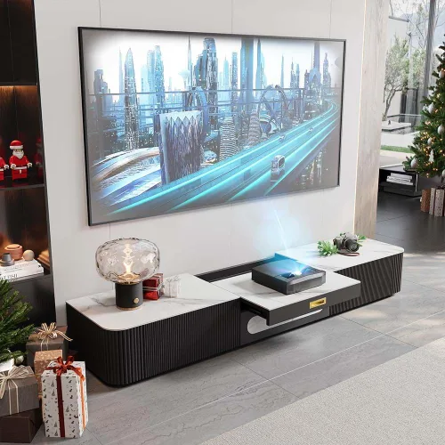 Vista 9 de POVISON Moderno soporte de TV para proyector, centro de entretenimiento de piedra sinterizada con almacenamiento para sala de estar, dormitorio