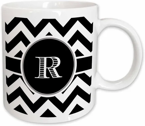 Vista 8 de 3dRose Taza de dos tonos azul con monograma de cheurón en blanco y negro inicial R 11oz