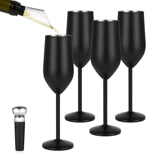 Vista 8 de Lifecapido Paquete de 2 copas de champán de acero inoxidable, copas de champán irrompibles de 8 onzas, elegantes copas de champán de acero Negro
