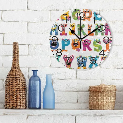 Vista 3 de ALAZA Reloj de pared con letras del alfabeto de monstruo divertido, funciona con pilas, silencioso, de cuarzo, analógico, rústico, rústico, reloj