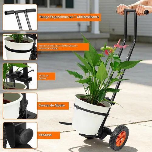 Vista 4 de Carrito de plantas con ruedas, carrito resistente para plantas, carrito de mudanza de plantas de 175 libras con brazo de agarre ajustable, correa