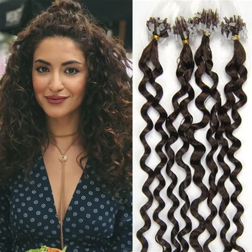 Vista 12 de Micro Link - Extensiones de cabello rizado con micro anillo, punta de bucle, cabello humano Remy real, color marrón oscuro, 20 pulgadas, 100 s #02