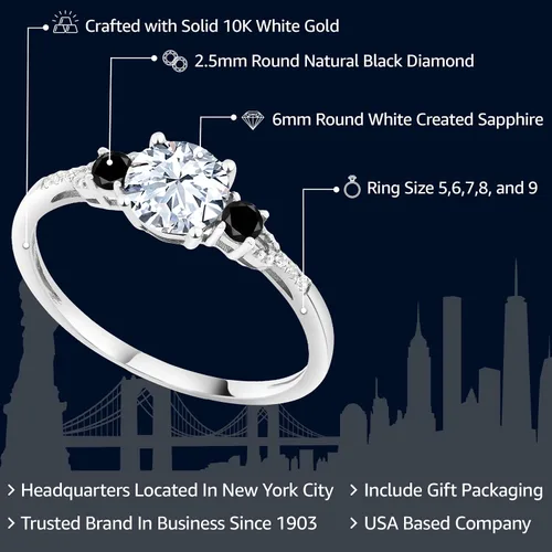 Vista 2 de Gem Stone King Anillo de compromiso de oro blanco de 10 quilates con diamantes negros y diamantes blancos creados con zafiro blanco de 3 piedras