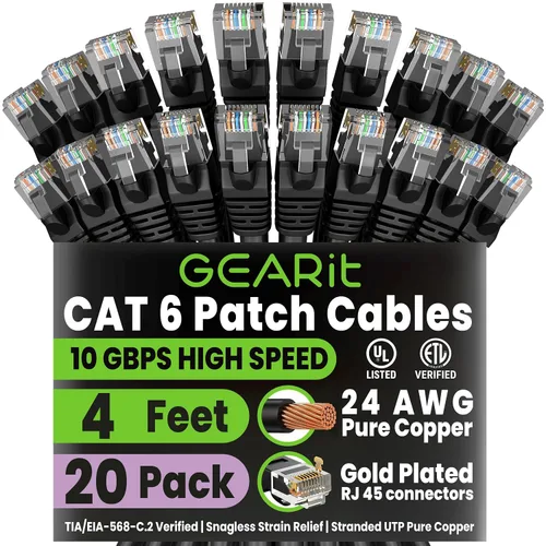 Vista 78 de GEARit Paquete de Cables Ethernet Cat 6 - Paquete de 20 Cables de Conexión Ethernet Cat6 de 1 pie Cable de Conexión de Red RJ45, Conectores