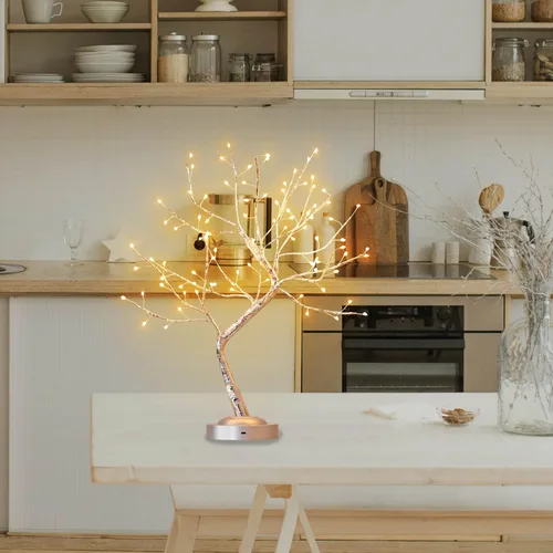Vista 5 de Lámpara de mesa de árbol de hadas de color blanco cálido, árbol de Navidad con ramas iluminadas con luces brillantes, funciona