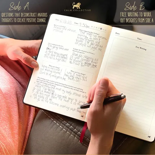 Vista 3 de Calm Collective Kit de diario guiado para aliviar la ansiedad por TCC para terapia de salud mental con bolígrafo gratuito incluido, indicaciones
