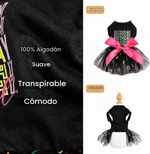Vista 2 de Traje de cumpleaños para perro: vestidos coloridos de malla del alfabeto, tutú de verano, ropa para cachorros, XS, negro Cumpleaños negro