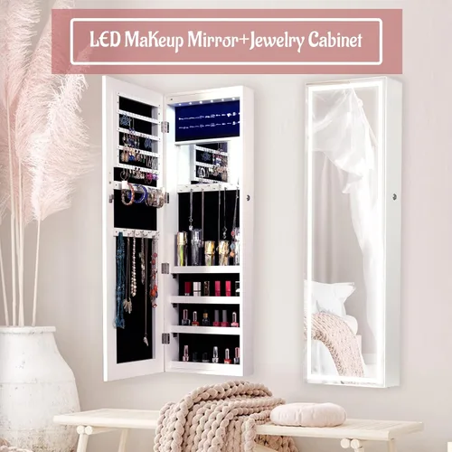 Vista 3 de Organizador de joyas, armario de joyería con espejo LED táctil, armario de joyería LED montado en la paredpuerta para mujer, espejo de longitud