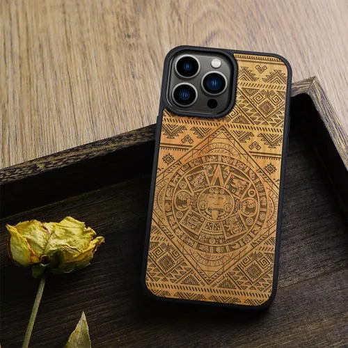 Vista 8 de Carveit - Funda de madera para iPhone 15 Pro Max, calendario azteca, cereza Magnetic iPhone 15 Pro Max Case Compatible with MagSafe Wireless