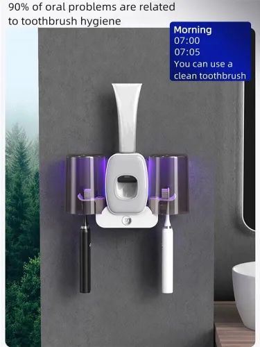 Vista 5 de Portacepillos de dientes con dispensador de pasta de dientes y 2 vasos para cepillos de dientes, múltiples aberturas para colgar, soporte