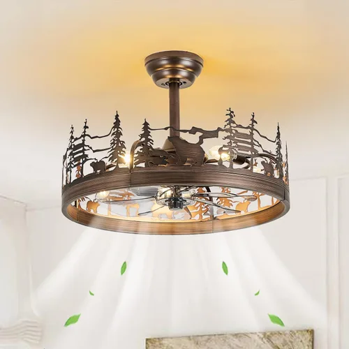 Vista 10 de 23.6 Inch Farmhouse Rustic Ceiling Fans with Lights, Vintage Walnut Wheels Flush Mount Bladeless Chandeliers Fan, Adjustable Height, Black Caged