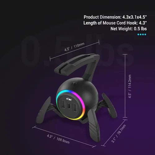 Vista 6 de KIWIFOTOS Mouse Bungee - Controlador de cable de mouse para juegos RGB, gestión de cables flexible mejorada, luces LED RGB inteligentes, 2 puertos
