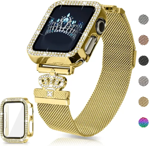 Vista 11 de Correa magnética compatible con Apple Watch 38mm 40mm 41mm 42mm 44mm 45mm 46mm, correa de metal de acero inoxidable con funda brillante y protector