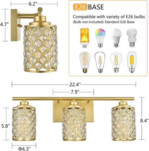 Vista 3 de 3 Luces de Iluminación de Oro para Baño, Luz Moderna de Tocador de Granja, Accesorio de Iluminación de Tocador de Cristal para Cuarto de Polvo