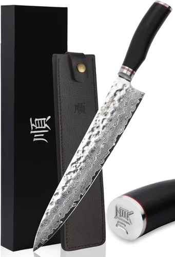 Vista 8 de YOUSUNLONG Cuchillo de chef – Cuchillos de cocina Gyuto de 8 pulgadas – Cuchillo afilado – Acero de Damasco martillado japonés – Mango de ébano
