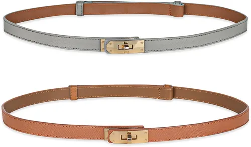 Vista 217 de Cinturón de cuero clásico con hebilla de metal para mujer con vestido de jeans