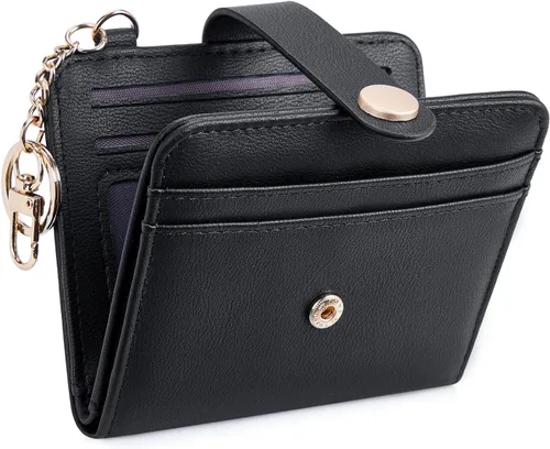 Vista 9 de POIUGOYA Billetera delgada para mujer, con bloqueo RFID, plegable, tarjetero con cremallera y bolsillo para monedas, ventana para identificación