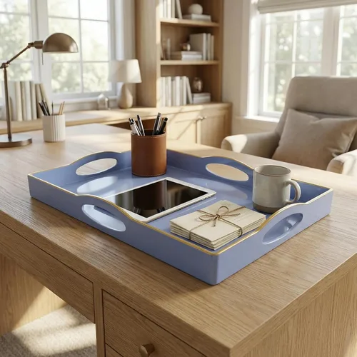 Vista 2 de Bandeja de servir azul con 4 asas, bandeja decorativa de plástico para mesa de café, otomana - Ideal para sala de estar y baño. 15 x 11 x 1.9
