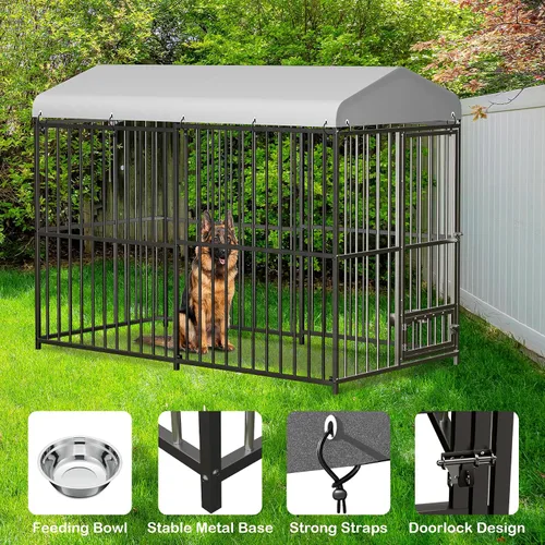 Vista 8 de GarveeTech Jaula para perros de 8 x 4 x 6 pies, jaula de metal resistente con cubierta superior impermeable, cuenco de alimentación giratorio