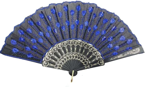 Vista 15 de InnoLife Elegante abanico de mano plegable con flores bordadas y patrón de pavo real con lentejuelas en tela artesanal (5 piezas, rojo)