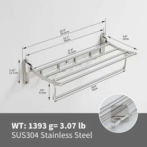 Vista 6 de BESy Toalleros de 24 Pulgadas de Níquel Cepillado, Estante de Toallas de Baño con Barra Plegable y Ganchos para Toallas, Accesorios de Baño
