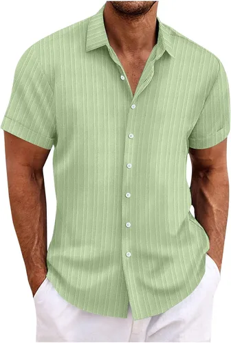 Vista 11 de Ctreela Camisa cubana de lino de manga corta para hombre, ligera, con botones, guayabera, camisas de trabajo casuales con cuello vuelto