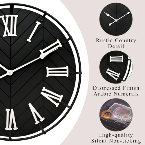 Vista 5 de EMAX HOME - Reloj de pared grande de madera – Reloj de pared extra grande de granja con números romanos 3D y empalme de espiga, reloj de pared