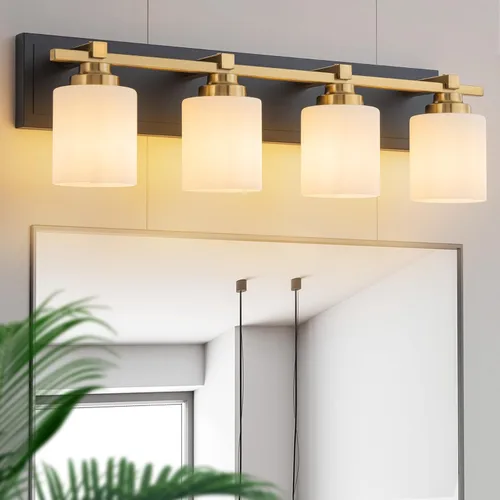 Vista 28 de 1 Luminaria Moderna de Baño sobre Espejo, Luces de Tocador Negro Dorado para Apliques de Pared de Baño con Pantallas de Vidrio Blanco Lechoso
