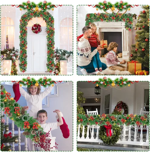 Vista 6 de Guirnalda de Navidad con luces, guirnalda de 30 luces LED de 9 pies, funciona con pilas, decorada con piñas, bayas, pino nevado artificial