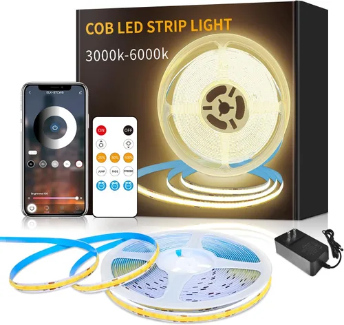 Vista 13 de Tira de luz LED COB de 32.8 pies, color blanco, regulable, CC de 24 V, 6000 K, cinta de luz LED flexible para dormitorio, con control remoto