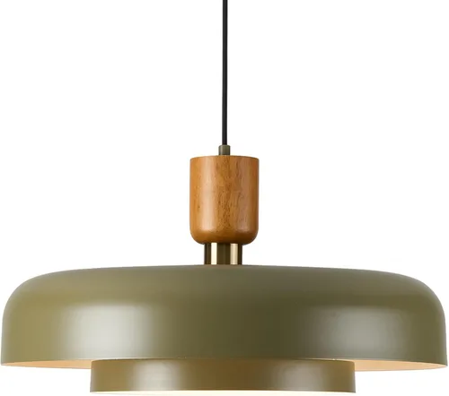 Vista 9 de Lámpara Colgante Grande Moderna de 19.68 Pulgadas, 2 Niveles con Pantallas Crema Suaves, Acento de Madera Natural y Latón, Candelabro de Mediados