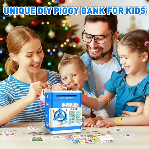 Vista 5 de JUNEU Hucha para niños, juguetes para niños de 3, 4, 5, 6, 7, 8 años, alcancía electrónica para ahorrar dinero para niños, mini alcancía