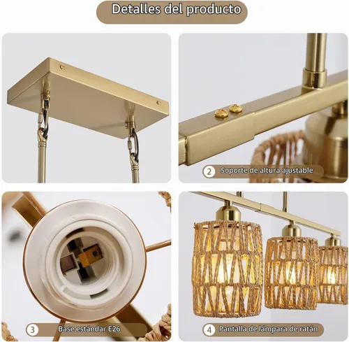 Vista 6 de Lámpara de isla de cocina de ratán, lámpara de araña rústica boho costera, lámpara colgante rústica bohemia de 4 luces para comedor, altura
